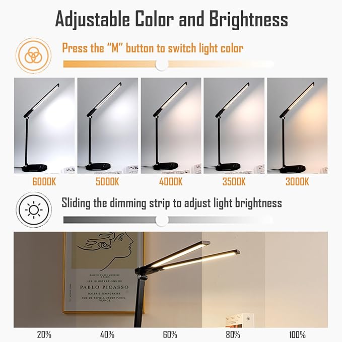 LED Double Head Desk Lamp with Night Light, 5 Color Temp, Slide Steplessly Adjust Brightness, 60 min Timer, Touch Control, Foldable Table Light for Working, Reading (White Plug-in)