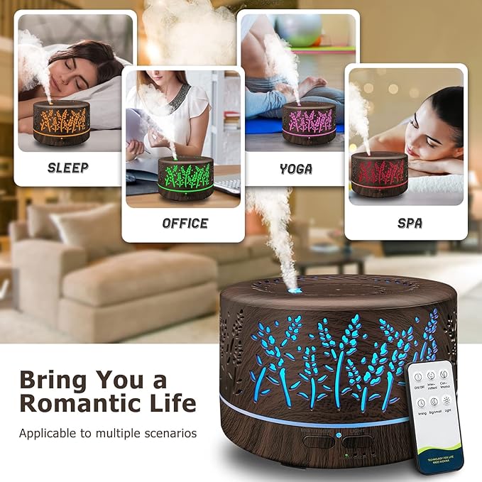 Diffusers for Essential Oils Large Room 600ml,Essential Oil Diffusers for Home with R/C,Cool Mist Humidifier,7 Colors Lights & 3 Mist Mode Waterless Auto Off for Office