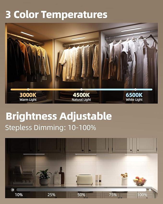 6-Pack Under Cabinet Lighting Wireless, LED Motion Sensor Light Indoor, Rechargeable Closet Lights Battery Operated, Dimmable & 3 Color Temps, Under Counter Lights for Kitchen, Stairs(14inch)