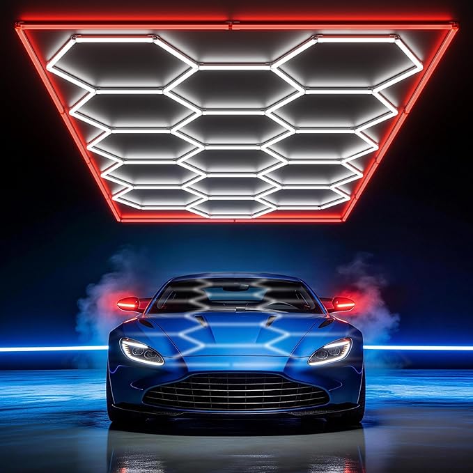 HYPERLITE Gen 2 Hexagon Garage Lights: 15 Grids with Border DIY Hexagon Led Lights, 6500K Ultra Bright, Easy Install Hex Light, Durable Design for Garage, Car Detailing, Workshops, Gym(Red)