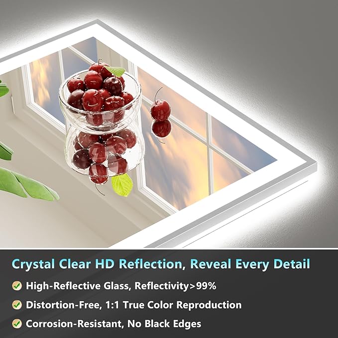 55x36 Brushed Nickel LED Bathroom Mirror with Lights, Sliver Framed Backlit and Front Lit Anti-Fog Lighted Vanity Mirrors for Bathroom Wall, Dimmable, 3 Colors, Memory, Tempered Glass, CRI＞90