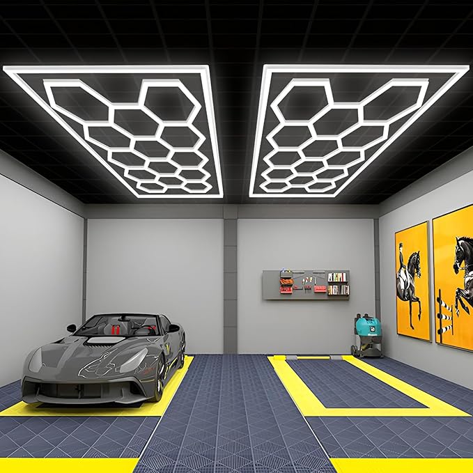 Large Hexagon Garage Lights 14 Hex Led Lights with Rectangle Frame Octagon Honeycomb Commercial Lighting for Garage Car Detailing Barber Shop Gym Warehouses Basement.