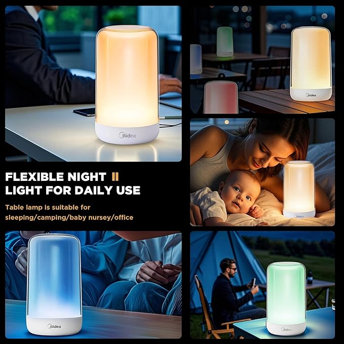 Midea 16 Colors RGB Touch Lamps, 1200mah Rechargeable Night Light, Dimmable Bedside Nursery Lamp, Baby-Safe Material, Portable Hanging Mini Lamp for Bedroom, Travel, Camping Mood Lamp