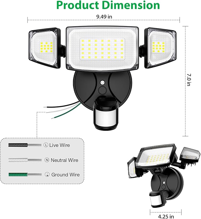 iMaihom 65W 6500LM LED Security Lights Motion Sensor Light Outdoor, 6500K Daylight, IP65 Waterproof, Dusk to Dawn, Hardwired 3-Head Motion Detected Flood Light for Garage, Yard, Porch (Black, 1 Pack)