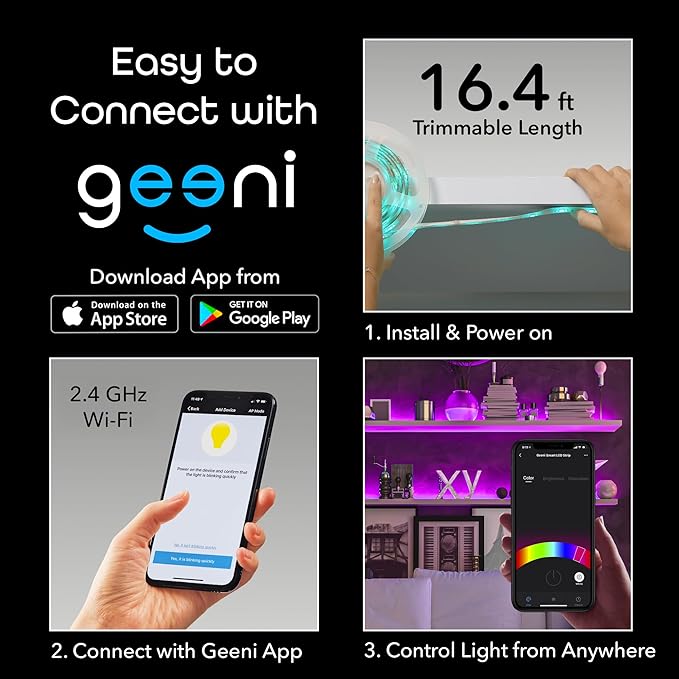 Geeni Prisma 5M Smart WiFi LED Strip Lights Works with Alexa, Google Assistant 16 Million Colors Phone App Controlled Light Strip for Home, Kitchen, TV, Party, for iOS and Android, 16.4ft