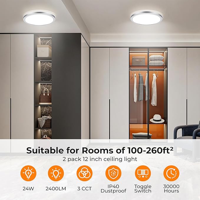 BLNAN LED Flush Mount Ceiling Light Fixture, Super Slim 12 Inch 24W LED Ceiling Light, 3000K/4000K/5000K Selectable Ceiling Lamp - Round Flat Ceiling Lights Flush Mount for Kitchen Bathroom Shower