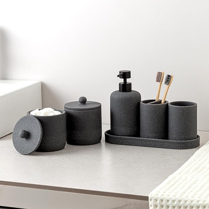 Bathroom Accessories Set, 6 PCS Modern Bathroom Accessory Set with 15 OZ Soap Dispenser, Toothbrush Holder, Vanity Tray, Tumbler, 2 PCS Qtip Holders (Grey)