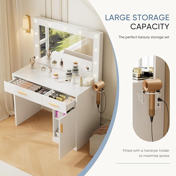 DUMOS Vanity Desk with Mirror and 11 LED Lights, Makeup Vanity Table with Charging Station (2AC/USB/C), Dressing Table with 2 Drawers & Large Cabinet, 3 Lighting Color Adjustable, White