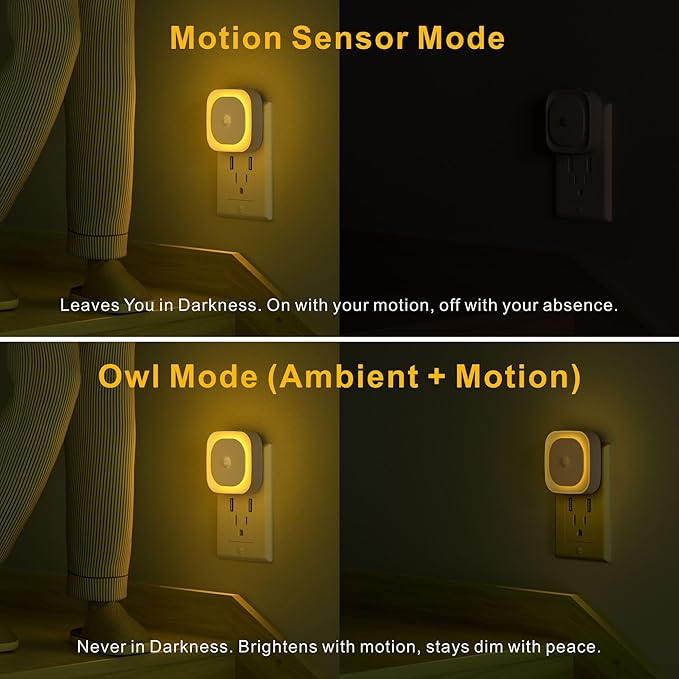 2 Pack Plug in Night Light with Motion Sensor & Dusk to Dawn Sensor, 3 Sensor Modes, Auto ON/Off, Dimmable Nightlight for Living Room, Hallway, Bathroom, Golden Yellow