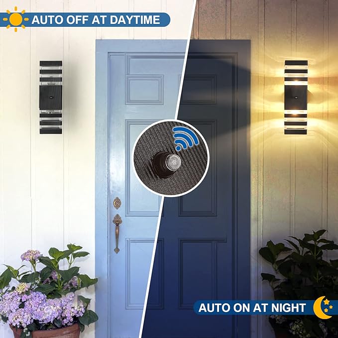 2PK Dusk to Dawn Sensor Outdoor Wall Lights Up Down Porch Lights Modern Exterior Light Fixtures Photocell Waterproof Black Aluminum Housing for Front Porch, Patio, Garage (Use Two E26 Bulbs)