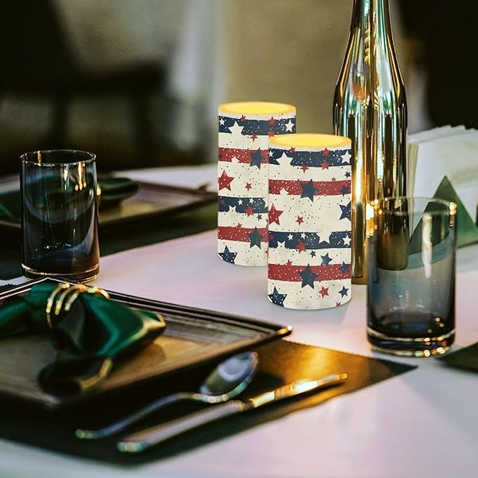 USA Flag Flameless Candles 2 Pack 6 x 3 inch Battery Operated Candles with Multicolor Timer Remote Control LED Fake Candles for Warm Light Dinner Table Home Decor