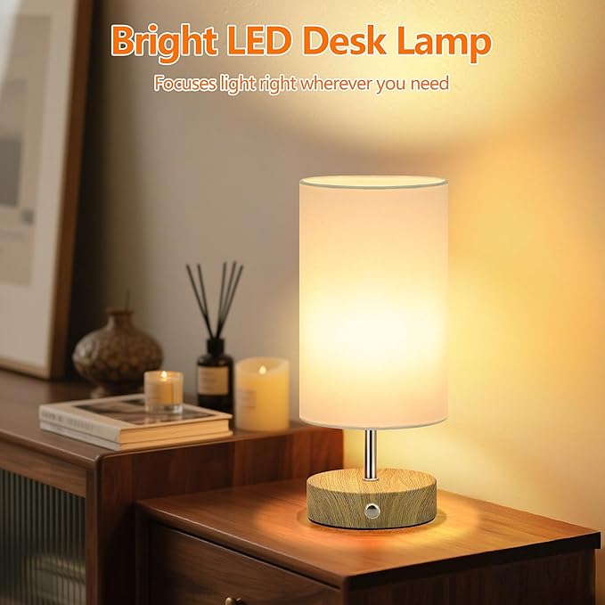 TOBUSA Cordless Table Lamp, Rechargeable 6000mAh Battery Operated Bedside Lamp, Portable Touch LED Desk Lamp Dimmable, Wireless Lamp with Wood-Grain Base, Modern Night Light for Bedroom, Bulb Included