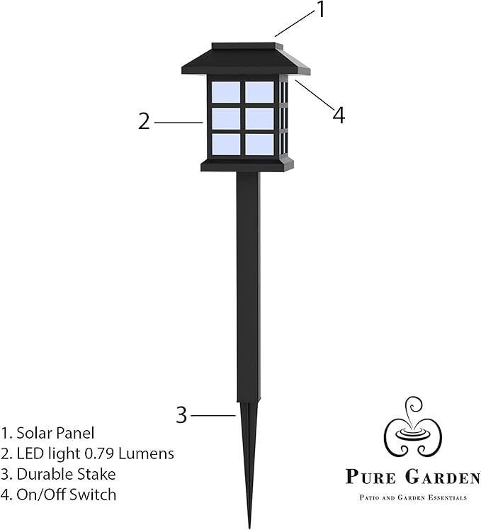 Pure Garden Solar Powered Lights (Set of 6)- LED Outdoor Stake Spotlight Fixture for Gardens, Pathways, and Patios, Black, 15” (H) x 3.25” (L) x 3.25” (W) (Pack of 2)