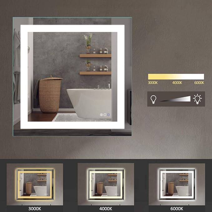 Amorho LED Bathroom Mirror 36"x 36" with Front and Backlight, Stepless Dimmable Wall Mirrors with Anti-Fog, Shatter-Proof, Memory, 3 Colors, Double LED Vanity Mirror