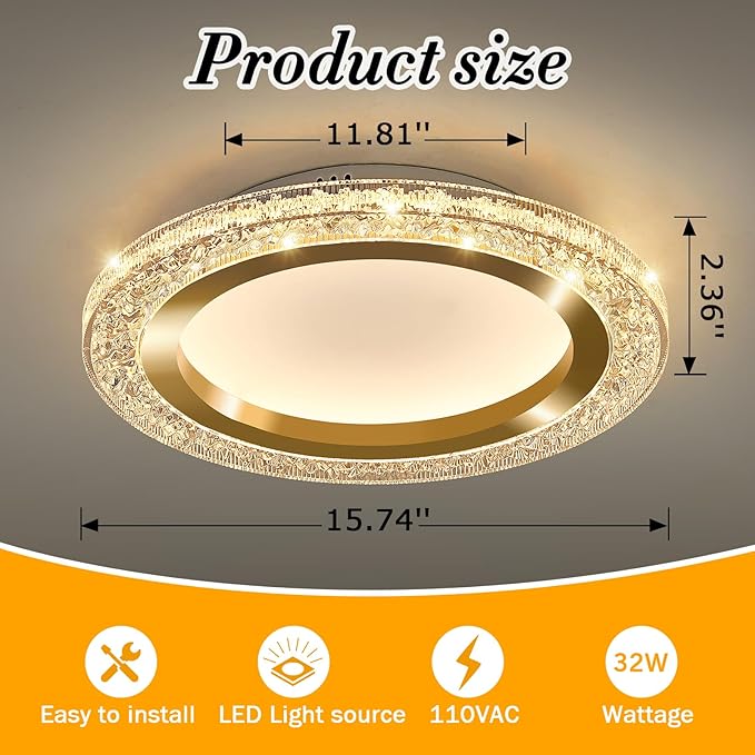 UOFUS 32W Gold LED Flush Mount Ceiling Light 15.7inch Modern Round Ceiling Light Fixture 3000K-6000K Super Bright Circle Ceiling Lamp for Bedroom Kitchen Bathroom Entryway Hallway Stairwell