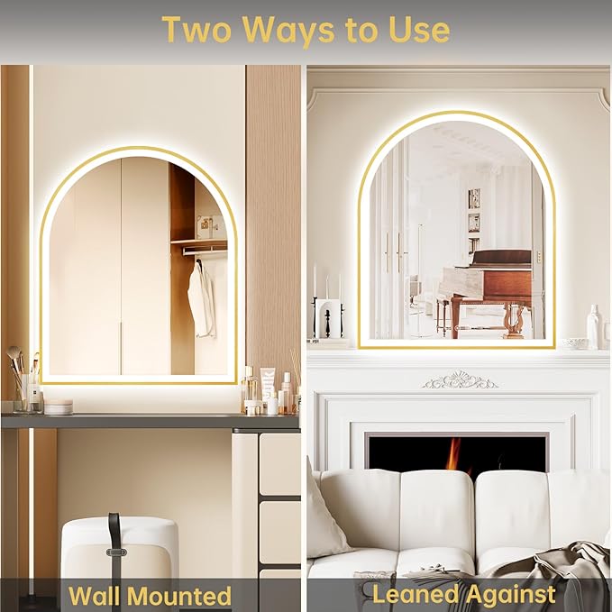 30"x36" Arched LED Mirror for Bathroom, Brushed Gold Lighted Bathroom Mirror with Lights, Fogless, Dimmable, Shatterproof, Touch Sensor, 3 Color Changing
