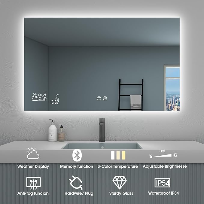 BYECOLD Smart Bathroom Mirror with Bluetooth 36”X 24” WiFi Enabled Weather Display, Fog Free, Backlit Frameless Brightness Adjust, Memory Function Touch Sensor - Horizontally Only