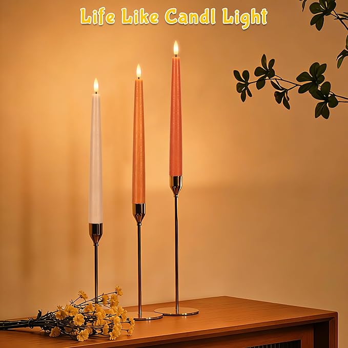 Flameless Taper Candles with Remote, 9.6" Battery Operated Flickering LED Candlesticks, Real Wax Warm Earth Tone Taper Candles for Wedding Centerpieces, Dinner Table, Mantel, Window, 3 Pack