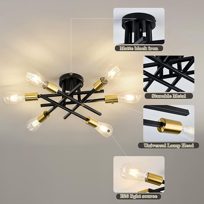 ASGYISA 6-Lights Sputnik Semi Flush Mount Ceiling Light Fixture Modern Metal Black and Gold Chandeliers with E26 Bulb Base Close to Ceiling Light for Kitchen Dining Room Living Room Hallway Bedroom