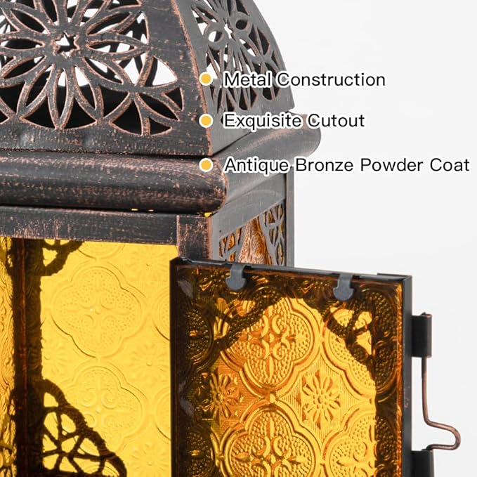 DECORKEY Candle Lanterns Decorative Indoor & Outdoor, 12'' Vintage Moroccan Hanging&Tabletop Lantern, Christmas Halloween Metal Candle Holder for Home Front Porch Patio Decor (Amber)