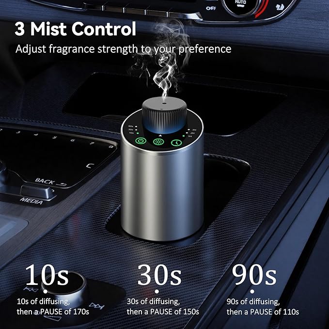 Waterless Essential Oil Diffuser Aromatherapy Scent Diffusers for Home Large Room, Bedroom, Car, Office, Desk, Battery Operated Mini Portable Air Freshener, 3 Countdown Timers & 3 Mist Levels, Silver