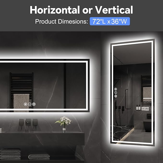 LED Bathroom Mirror 36x72 Inch Anti-Fog Bathroom Mirror with Lights, Wall Mounted Lighted Vanity Mirrors, Dimmable, Backlit + Front Lit, Smart Bathroom Vanity Mirror with 3 Colors Temperature