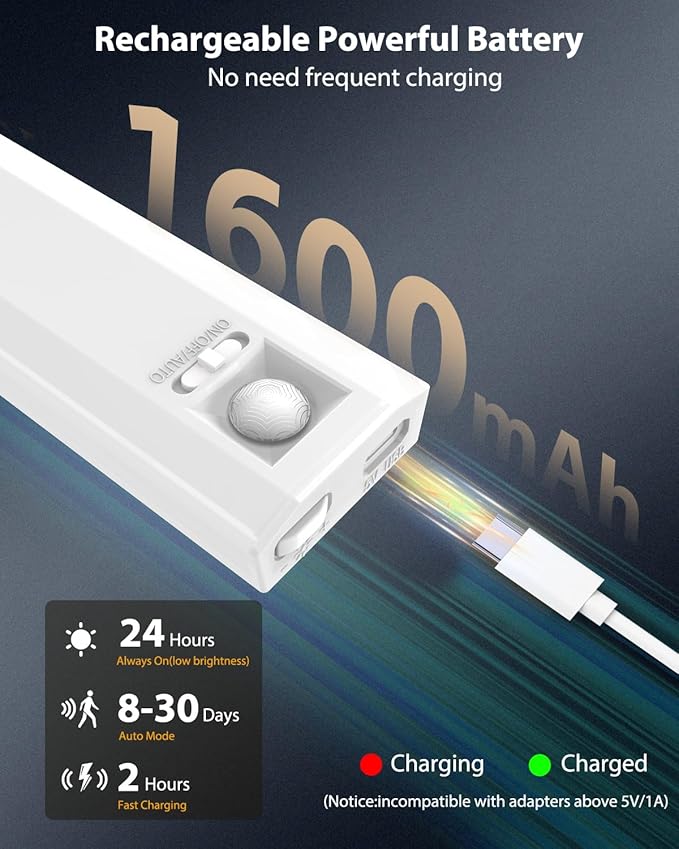 10inch Under Cabinet Lighting, 68 LED Rechargeable Motion Sensor Light Indoor, 6 Levels Dimmable Magnetic Closet Lights, Wireless Under Counter Lights for Kitchen, Stairs, Bedroom, 2-Pack Daylight