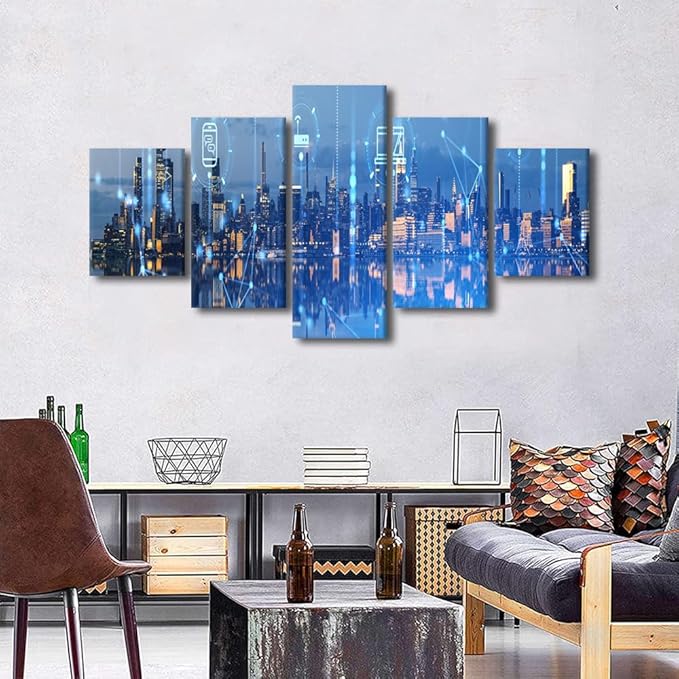 Modern Home Decoration 5 Panel City Landscape Wall Art Wireless Network Picture Canvas Art Internet Companies Office Corridor Wall Decor Men Bedroom Decor Frame and Stretched Ready to Hang 60x32 Inch