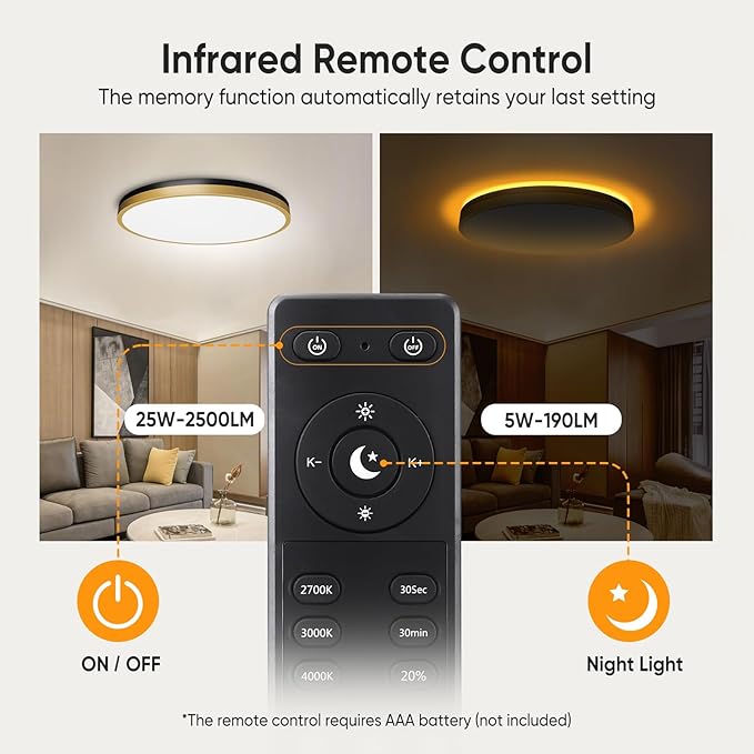 13 Inch Flush Mount Ceiling Light with Remote Control & Night Light, 5CCT Dimmable Ceiling Light Fixture, 25W 2500LM 2700K-6500K Adjustable LED Ceiling Lights for Bedroom Kitchen Living Room