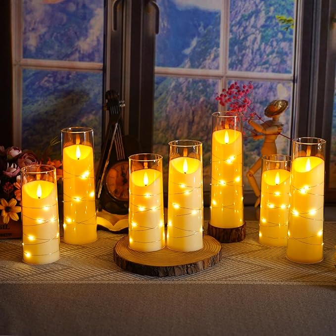 Flameless Candles with Embedded Star String, Battery Operated LED Pillar Candles with Timer and Remote Control,Home Decorating for Ambiance， Set of 9 (Ivory)