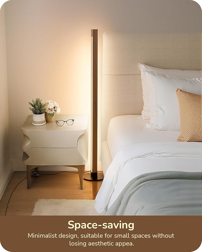 EDISHINE Wooden Floor Lamp, Upgraded Dual-Sided Lighting, Minimalist Floor Lamps for Living Room, Corner Lamp with Remote/Foot Control, 7CCT & Dimmable Floor Lamp for Bedroom, Office, Walnut Wood