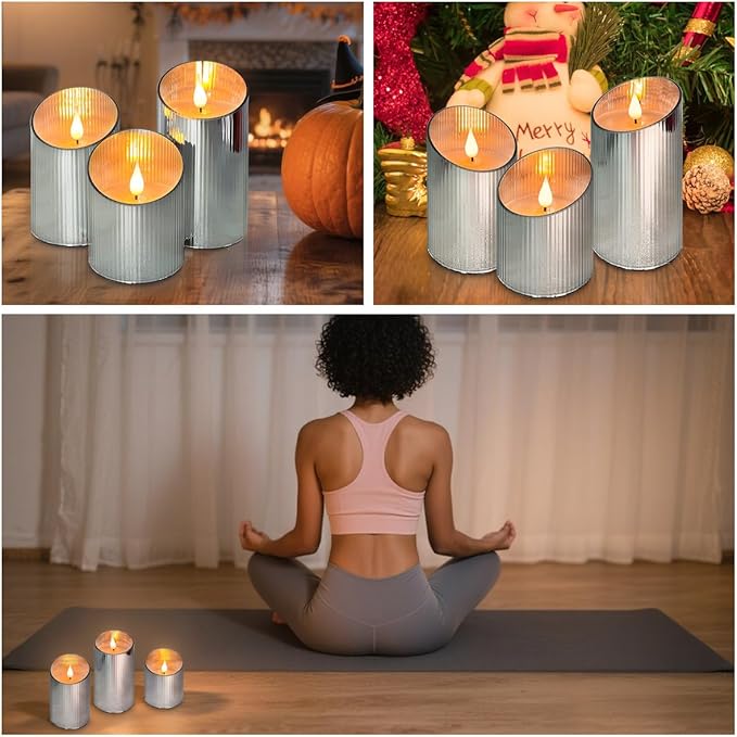 Rechargeable Flameless Candle, Flickering LED Pillar Glass Fake Candle with Remote and Timer, Built-in Battery Real Wax Electronic Candle for Room Decoration, Set of 3