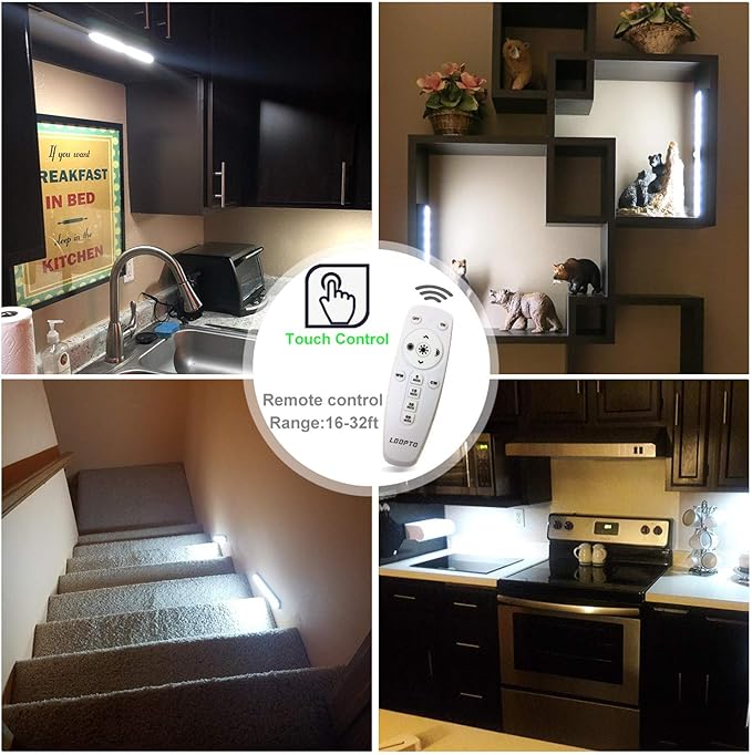 LDOPTO Battery Operated Lights Wireless Under Cabinet LED Closet Lighting Under-Counter Light fixtures Without Wiring with Remote/Touch Control for Kitchen Shelf Hallway Stairs, 3 Colors 3 Pack