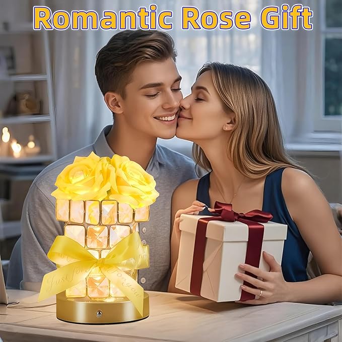 Rose Flower Lamp,Rechargeable Cordless Touch Table Lamp for Bedroom,3-Colour Dimming Flowers Night Light,Crystal Bedside Lamps with USB Charge,Birthday Valentine's Day Gifts for Women,Mom,Wife,Her
