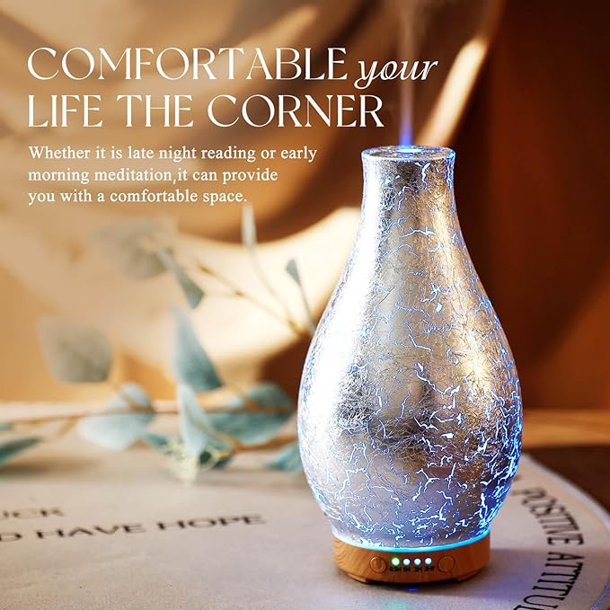 Porseme 100ml Silver-Plated Volcano Essential Oil Diffuser 3D Glass - Elegant and Effective Aromatherapy with 7 Color Changing LEDs and Waterless Auto-Off BPA Free for Home Yoga Leisure SPA Gift