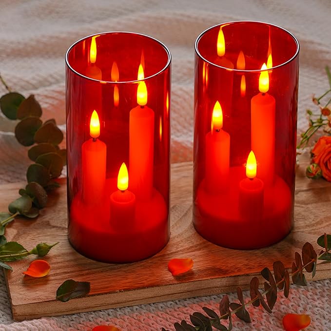 Da by Flameless Candle, Battery-Powered Candle with Remote Control and Timer, LED Three-Wick Pillar Candle, Romantic Wedding, Perfect Home Décor, 2 Pack (Red)