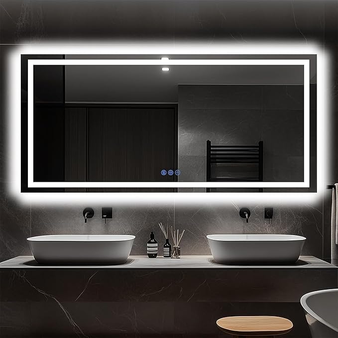 Antok 60"x 28" LED Bathroom Mirror with Lights, Anti-Fog, Dimmable, Lighted Vanity Mirror with Tempered Glass, Memory Function, 3 Light Modes, Safe Use, Horizontal, Vertical, Wall Mount