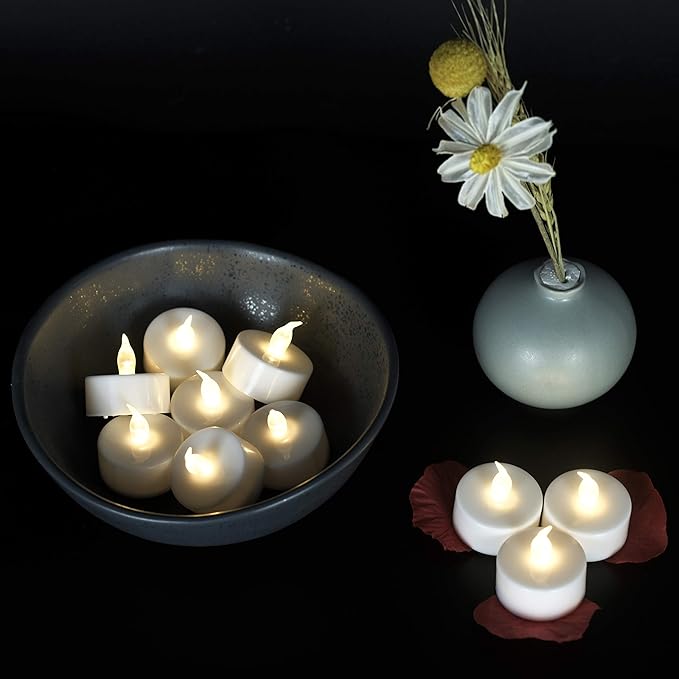 JUNPEI Battery Operated Powered Tea Lights : Realistic Tea Lights Flickering Candles Holiday Gift Suitable for Wedding Parties Festival Celebration Long Lasting (100pack Warm White)