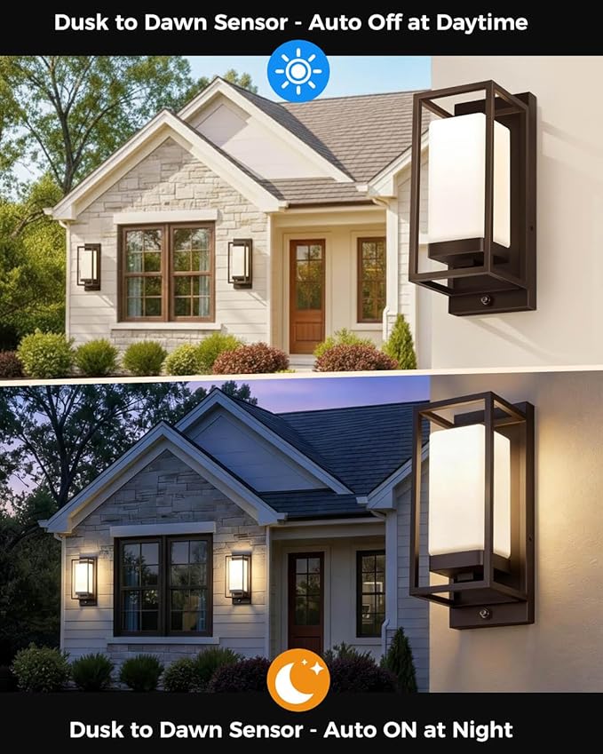 RAYVO Modern Outdoor Wall Light with Dusk to Dawn Sensor, Waterproof Exterior Lighting Fixtures with E26 Base, 3000K LED Bulb Included, Outdoor Sconce Lights for Porch Garage Entryway, Bronze, 2 Pack