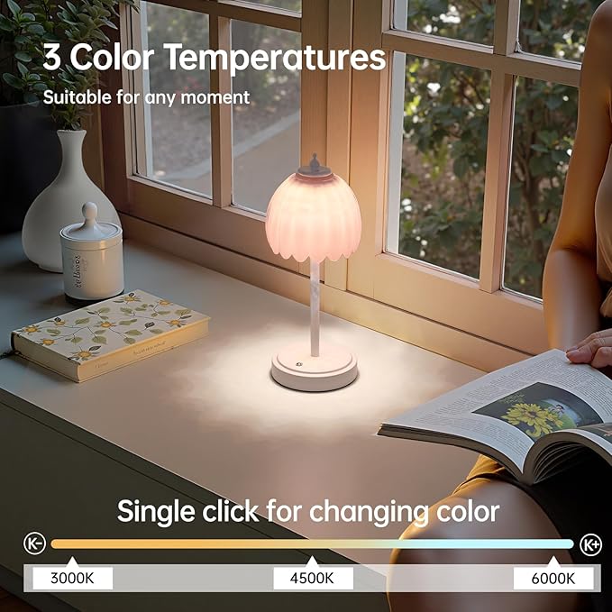Rechargeable Table Lamp with 5200mAh Battery & Touch Control - 3 Adjustable Color Temperatures, Cordless Dimmable Table Light for Bedroom, Office Desk, Nightstand(Creamy Pink, 1 Pack