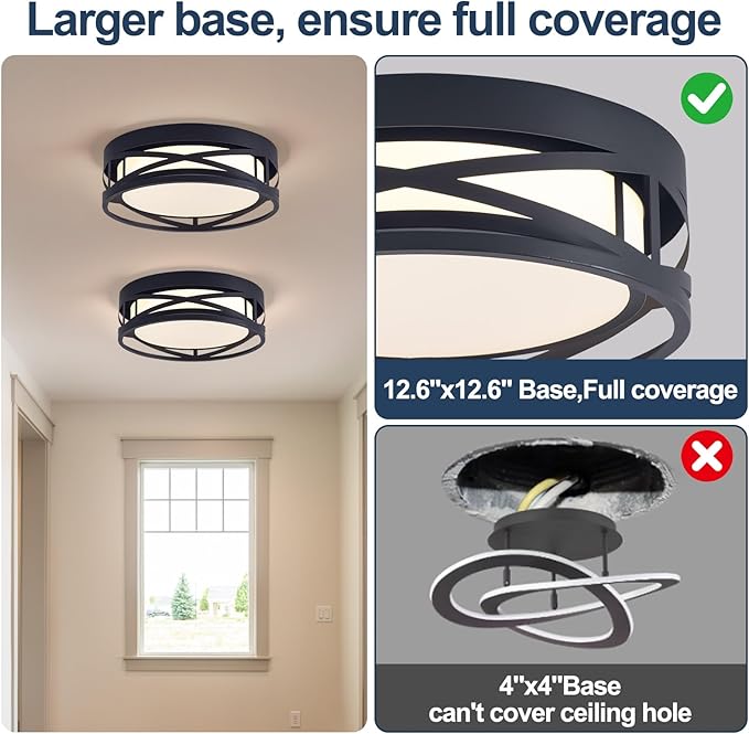 Modern LED Ceiling Light Fixture, Square LED Flush Mount Hallway Light Fixtures, Farmhouse Black Close to Ceiling Light for Hallway Bedroom Balcony Porch Stairway Ceiling Lamp (Round, 3000K)