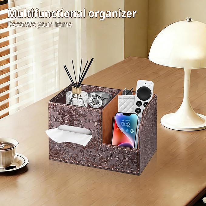 Leather Square Tissue Box Cover with Storage Tray,Cube Tissue Box Holder,Modern Facial Paper Organizer with Remote Control Holder for Bathroom,Vanity Countertop,End Table NightStand Home Office
