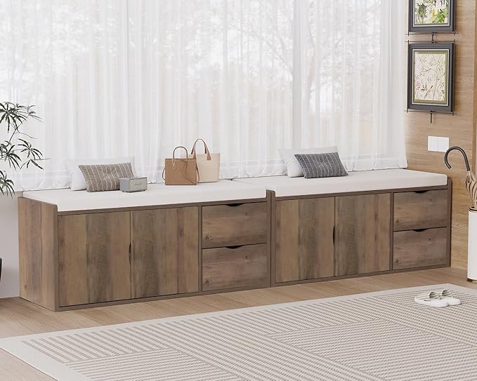 LVB Entryway Bench with Storage, 40” Storage Bench with Padded Cushioned Seat, Farmhouse Shoe Bench with 2 Drawers Cabinet Shelf, Industrial Wood Shoe Rack Bench for Living Bedroom，Rustic Oak, 40in