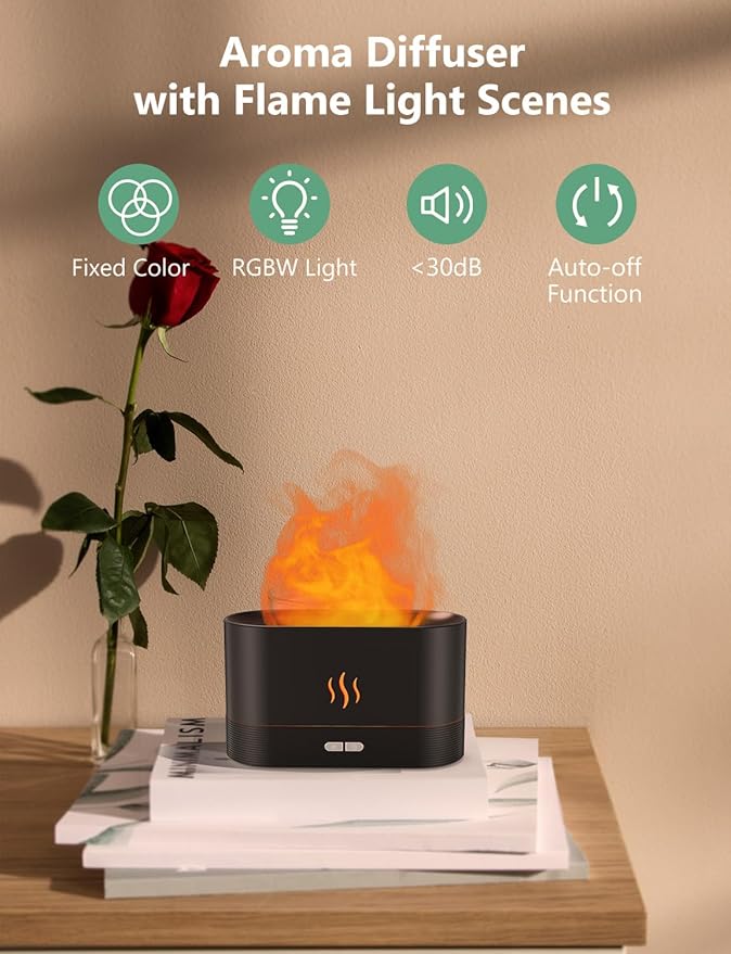 Air Humidifier, Essential Oil Diffuser with Led Flame Light - 7 Colors, 180mL Capacity (8 Hours), Noiseless Operation, Auto-Off Protection - Perfect for Home Bedroom Office Gifts(White)