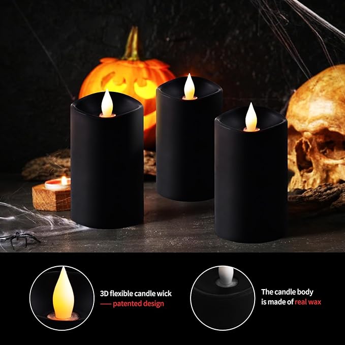3x5 Flickering Flameless Candles Set of 3, 2AA Battery Life 600 Hours Battery Candles Flickering with Timer,5 inch Flameless Candles with Remote for Indoor/Outdoor, Black