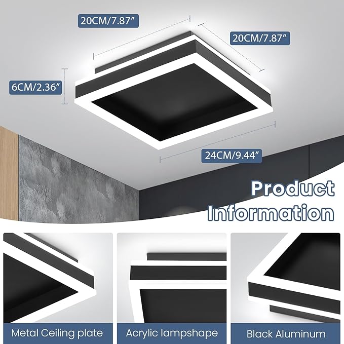 Square LED Flush Mount Ceiling Light, 5500K Cold White Black Modern Ceiling Light Fixture,Minimalist Close to Ceiling Lamp for Hallway Entryway Bedroom Kitchen Laundry Room (9.5 in)