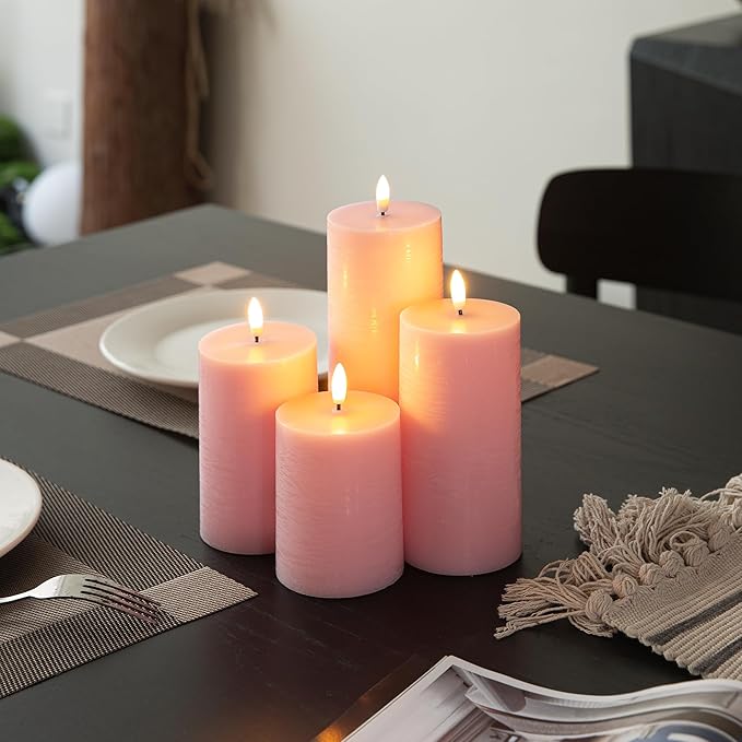Flameless Candles, 4 Pack Battery Operated Candles with Remote, Real Wax LED Fake Candles with Timer Flickering for Christmas Wedding Home Party D3 H 5" 6" 7" 9" Pink