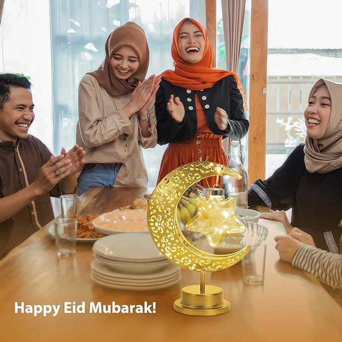 Lewondr Decorative Table Lamp, Battery Powered Ramadan Desk Lamp Decorations Crescent Table Light Lunar Star Moon Lantern for Bedside Nightstand Desktop Room Party, Eid Mubarak Decor, Warm Light