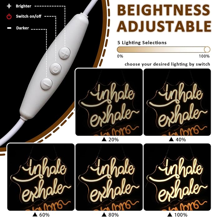 Inhale Exhale Neon Sign for Wall Decor, Warm White Led Signs for Room, USB Dimmable Neon Lights for Yoga Meditation Studio Bedroom Home Living Room Party Cafe Business Pub Wall Art