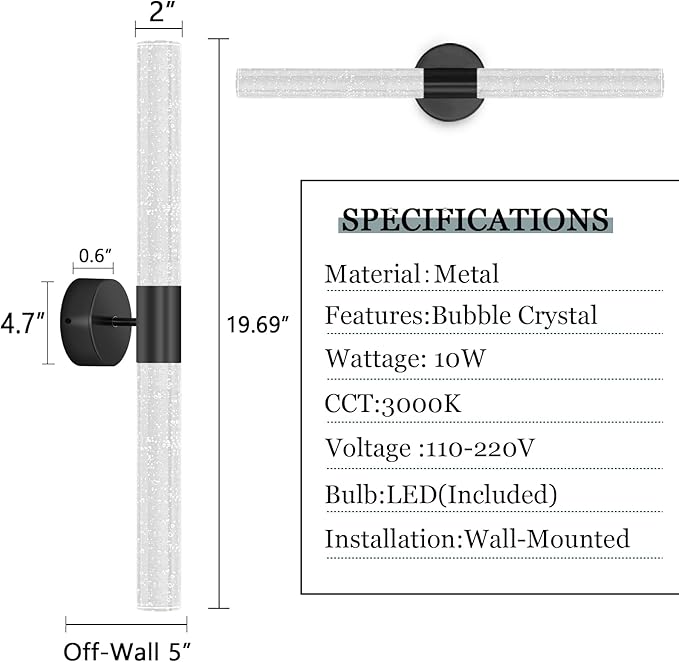 Black Wall Sconces LED Modern Sconces Dining Room Wall Lighting 10W 3000K LED Wall Lights Crystal Hardwired Wall Light Fixtures for Living Room Bedroom Bathroom Hallway